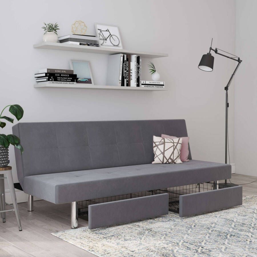 Notio Living Erica Futon met opbergruimte in lichtgrijze microvezel
