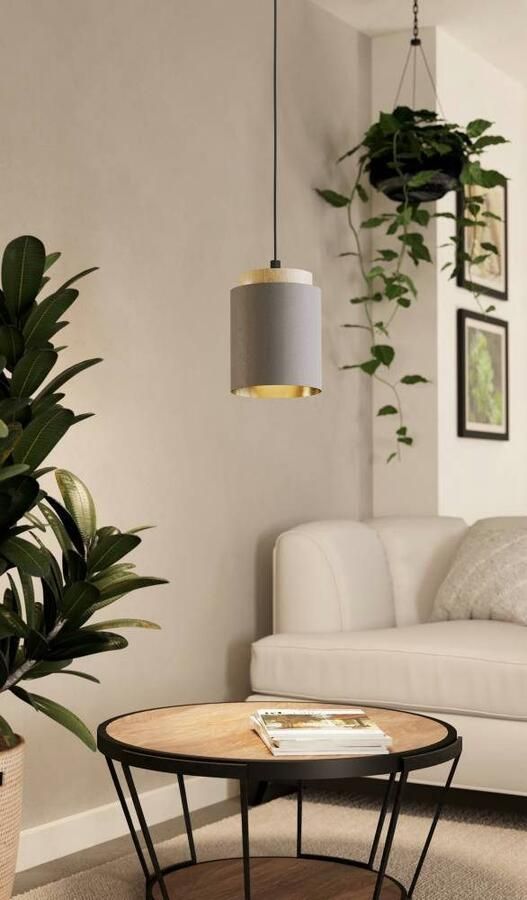 EGLO Hanglamp ALBARIZA Pendellampe Stahl Holz Textil IP20 E27 Wohnzimmerlampe Hanglamp vintage zwart natuur cappuccino goudkleur E27 fitting (1 stuk) - Foto 3