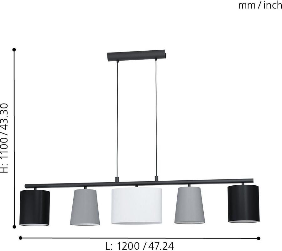 EGLO Hanglamp ALMEIDA 1 zwart l120 x h110 x b25 5 cm excl. 5 x e14 stoffen lampenkappen - Foto 4