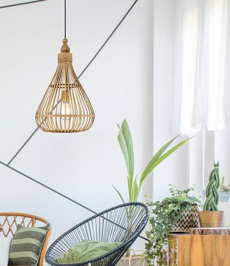 EGLO Hanglamp AMSFIELD Hanglamp staal hout in natuurlijke kleuren eettafellamp E27 Ø 35 cm (1 stuk) - Foto 4