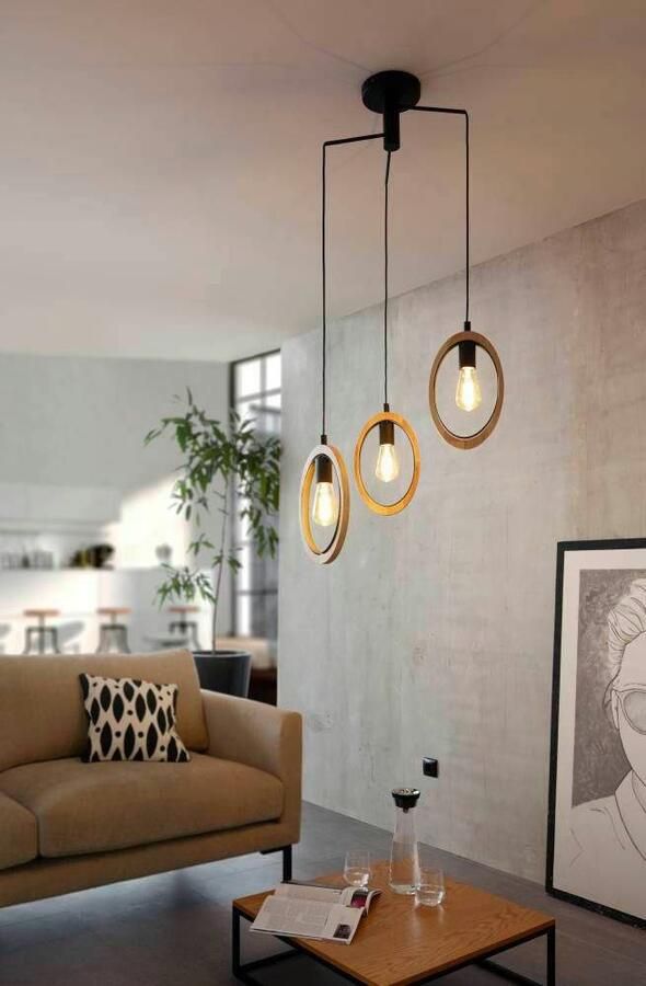 EGLO Hanglamp BASILDON Hanglamp E27 staal hout vintage eettafellamp lamp (1 stuk) - Foto 3
