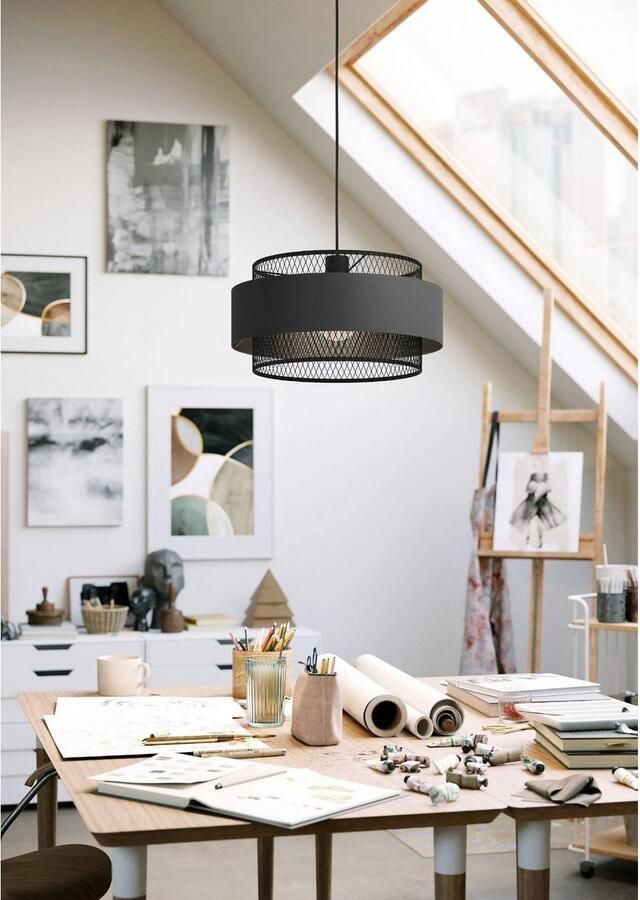 EGLO Hanglamp BAZELY Hängelampe Stahl und Textil E27 Esszimmerlampe Pendellampe Hanglamp in zwart van staal excl. E27 40W hanglamp (1 stuk)