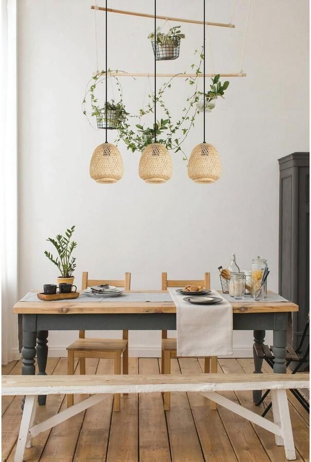 EGLO Hanglamp Dembleby Pendellampe E27 Stahl und Holz Vintage Esszimmerlampe Hanglamp vintage ecru Hygge houten vlechtwerk E27 Ø 20 cm - Foto 3