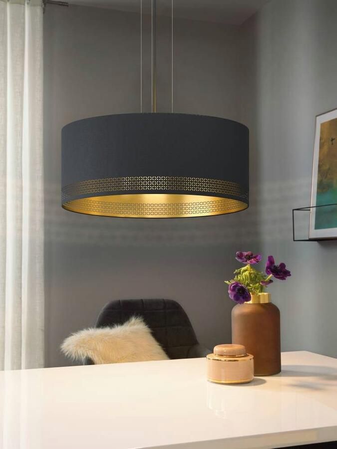 EGLO Hanglamp ESTEPERRA Pendellampe Stahl Textil IP20 E27 Esstischlampe Lampe Vintage hanglamp van staal en textiel in zwart goudkleur E27 Ø 53 cm (1 stuk) - Foto 2