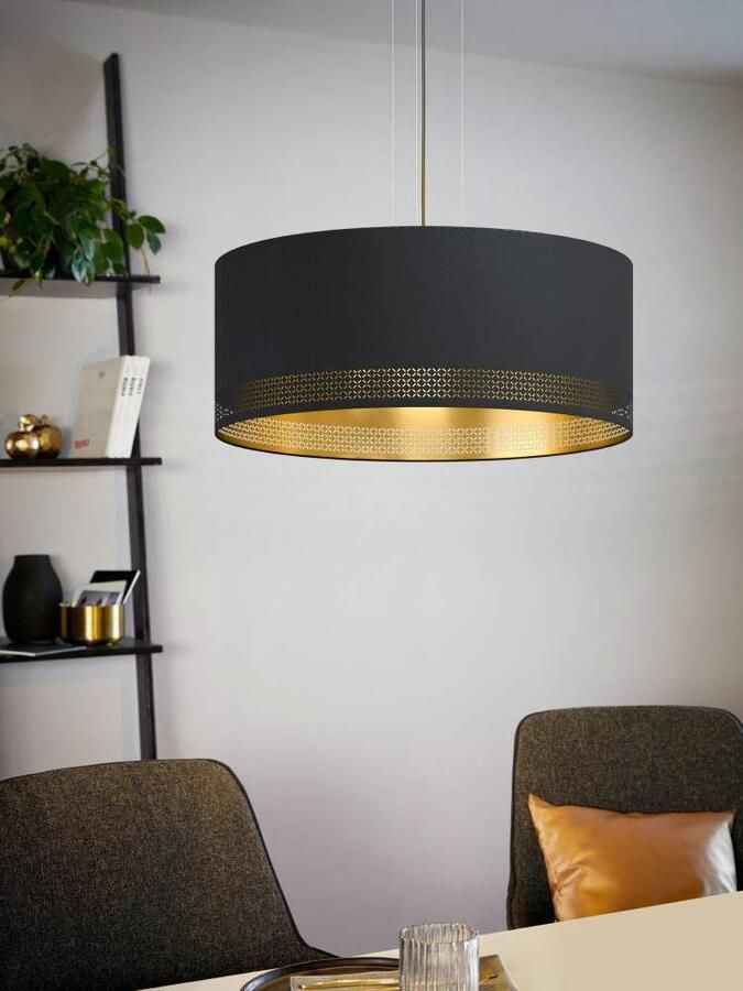 EGLO Hanglamp ESTEPERRA Pendellampe Stahl Textil IP20 E27 Esstischlampe Lampe Vintage hanglamp van staal en textiel in zwart goudkleur E27 Ø 53 cm (1 stuk) - Foto 3