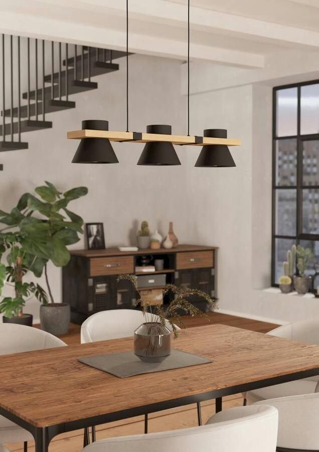 EGLO Hanglamp MACCLES Hängelampe Stahl und Holz Esszimmerlampe Vintage Lampe Hanglamp eetkamerlamp hout en metaal zwart hanglamp (1 stuk) - Foto 5
