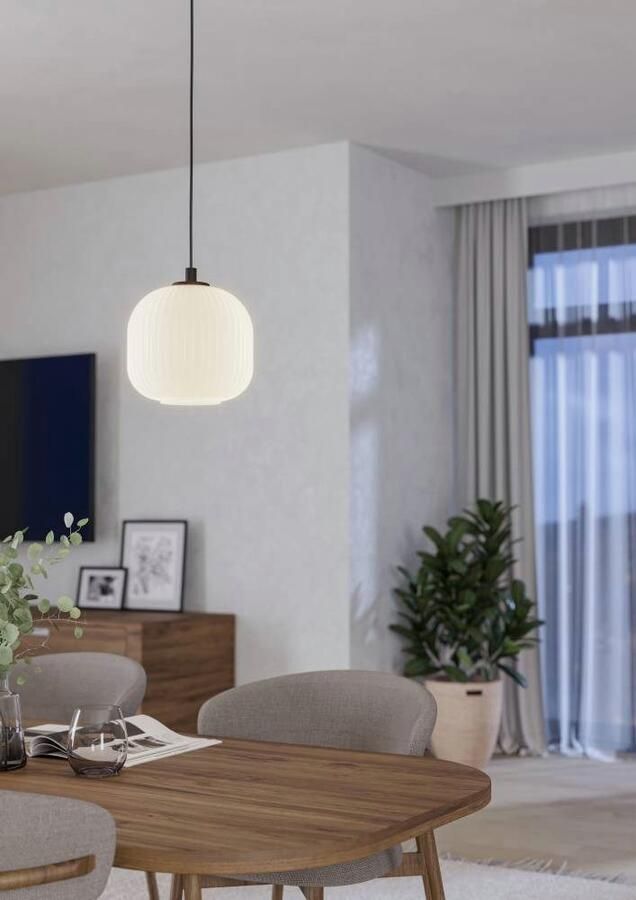 EGLO Hanglamp MANTUNALLE Pendellampe Stahl Glas IP20 E27 Esstischlampe Lampe Hanglamp metaal in zwart en glas in wit E27 fitting Ø 20 cm (1 stuk) - Foto 5