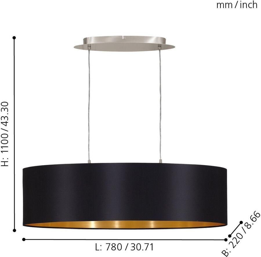 EGLO  Maserlo - Hanglamp - 2 Lichts - 78cm - Nikkel-Mat - Zwart  Goud - Foto 2