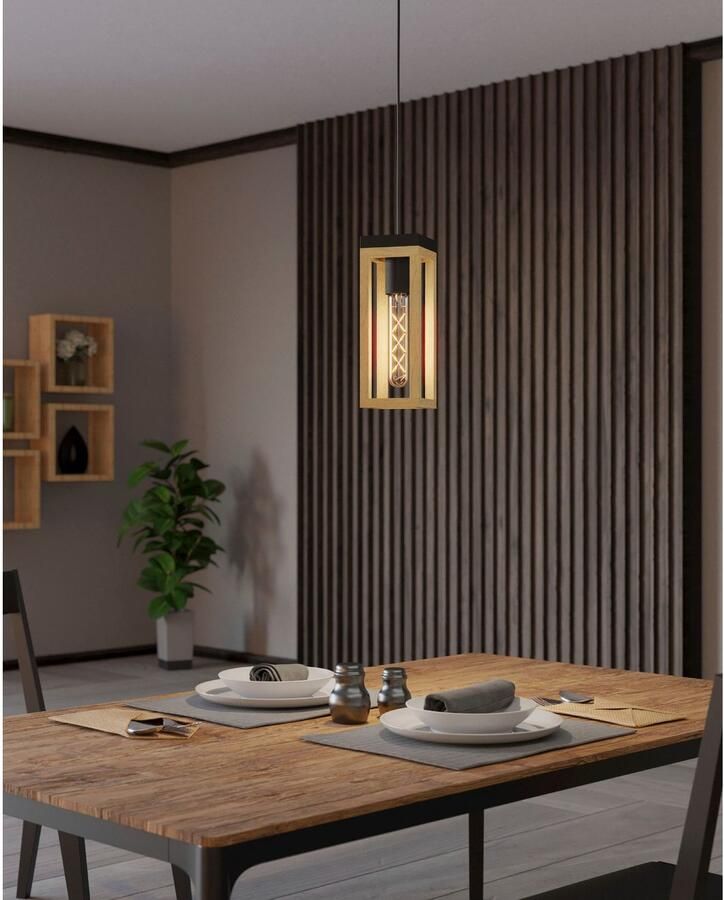 EGLO Hanglamp NAFFERTON Hanglamp in zwart en bruin van staal hout excl. E27 40W (1 stuk) - Foto 3