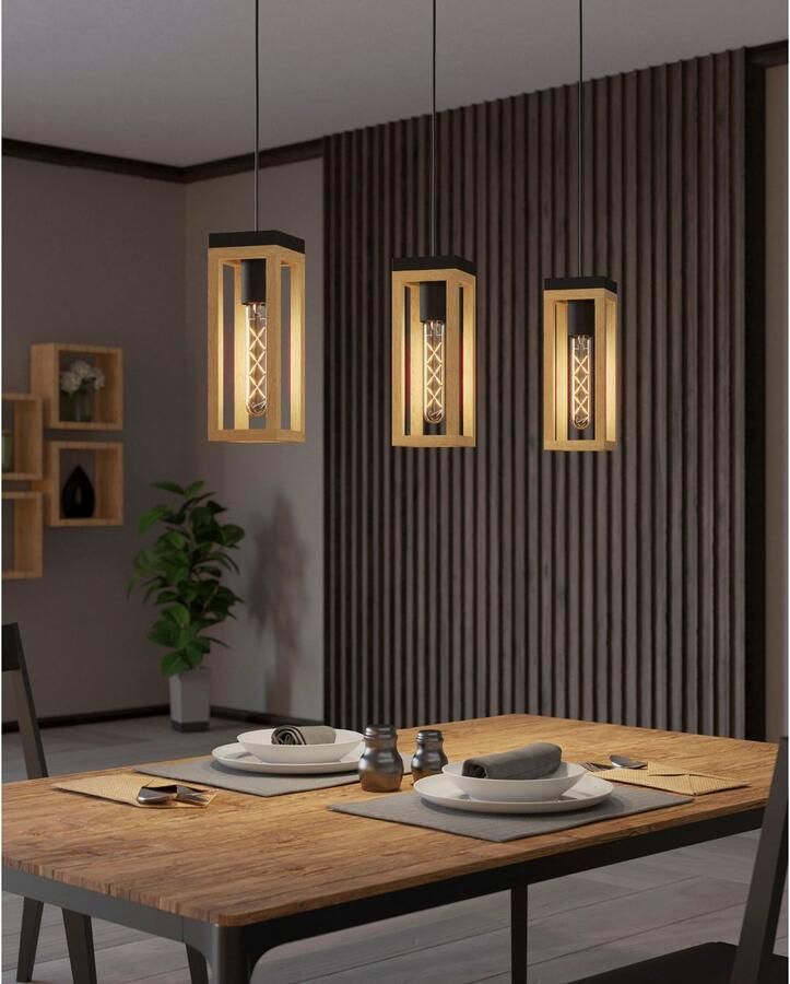 EGLO Hanglamp NAFFERTON Hanglamp in zwart en bruin van staal hout excl. E27 40W (1 stuk) - Foto 2