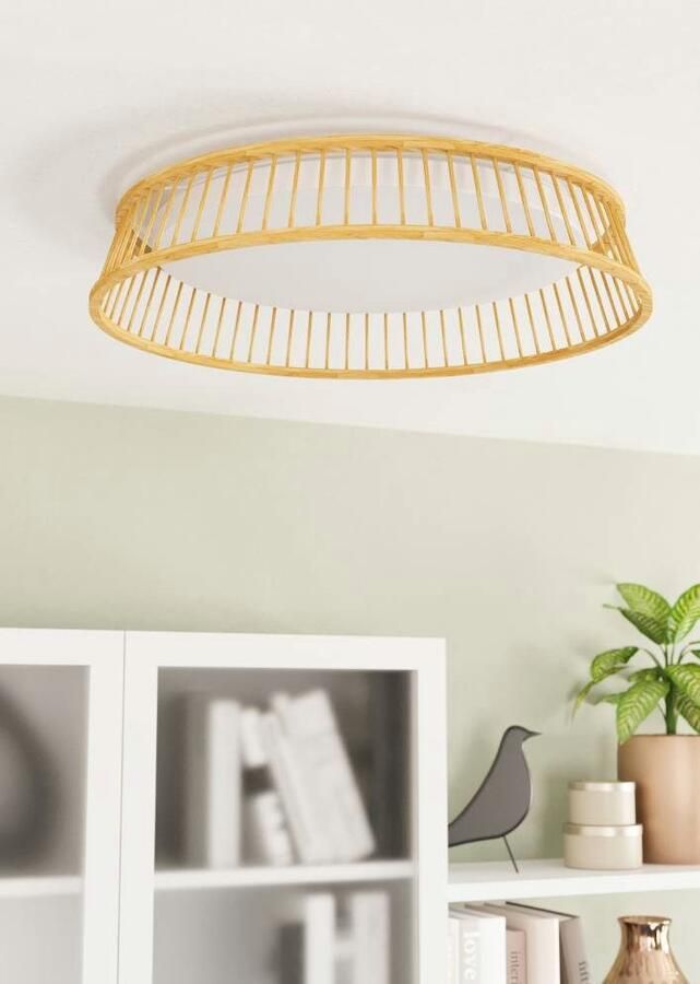 EGLO Plafondlamp LUPPINERIA Plafondlamp kunststof in wit en bamboe in natuur lamp Ø 45 cm (1 stuk) - Foto 4