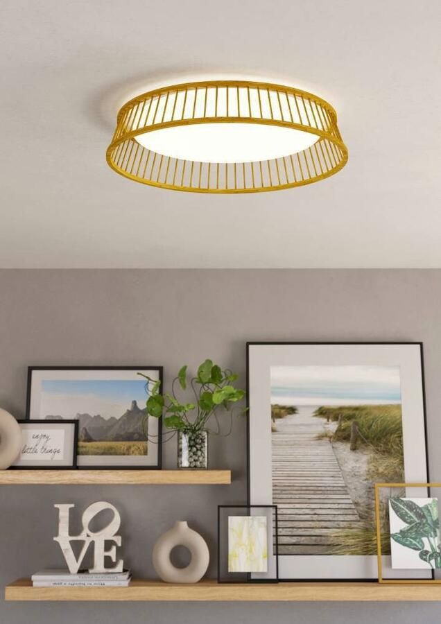 EGLO Plafondlamp LUPPINERIA Plafondlamp kunststof in wit en bamboe in natuur lamp Ø 45 cm (1 stuk) - Foto 5