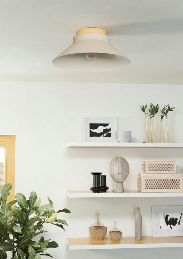 EGLO Plafondlamp MOHARRAS Deckenlampe Stahl und Holz E27 Wohnzimmerlampe Lampe Plafondlamp FSC100HB hout in natuur en metaal in zandkleur E27 (1 stuk) - Foto 4