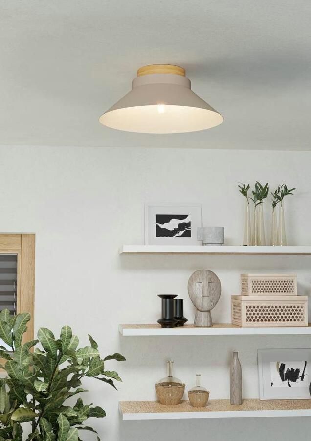 EGLO Plafondlamp MOHARRAS Deckenlampe Stahl und Holz E27 Wohnzimmerlampe Lampe Plafondlamp FSC100HB hout in natuur en metaal in zandkleur E27 (1 stuk) - Foto 5