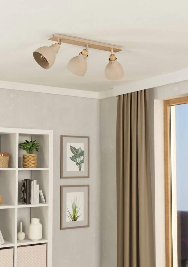 EGLO Plafondspot ARRECIFE Deckenstrahler Stahl E27 IP20 Wohnzimmerlampe Flurlampe Plafondlamp metaal in zandkleur en hout in eik plafondspot E27 (1 stuk) - Foto 2