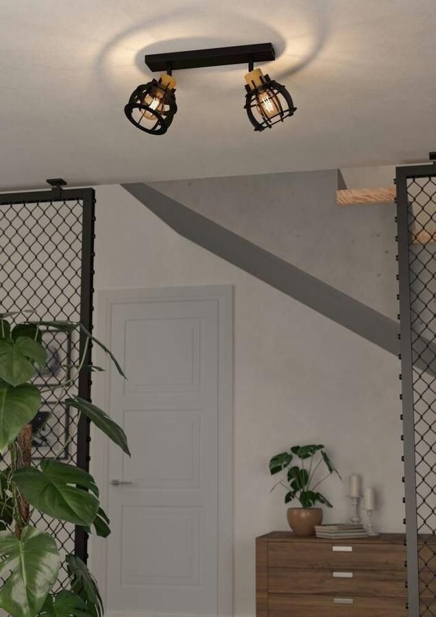 EGLO Plafondspot STILLINGTON 1 Plafondlamp industriële ontwerp metaal zwart en hout (1 stuk) - Foto 7