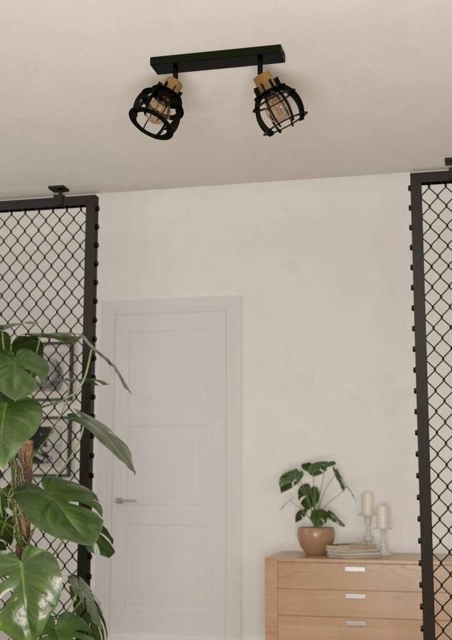 EGLO Plafondspot STILLINGTON 1 Plafondlamp industriële ontwerp metaal zwart en hout (1 stuk) - Foto 3