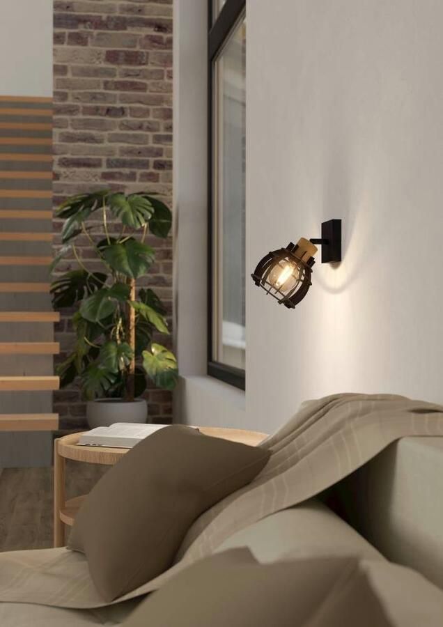 EGLO Plafondspot STILLINGTON 1 Wandlamp wandspot van hout en metaal in zwart woonkamer gang (1 stuk) - Foto 7