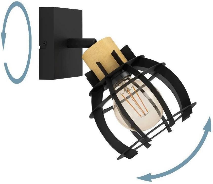 EGLO Plafondspot STILLINGTON 1 Wandlamp wandspot van hout en metaal in zwart woonkamer gang (1 stuk) - Foto 3