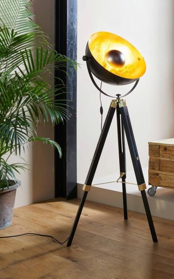 EGLO Staande lamp COVALEDA Stehlampe Holz und Stahl E27 IP20 Industrial Lampe Vloerlamp in zwart goudkleur en messing met schakelaar E27 fitting (1 stuk) - Foto 2