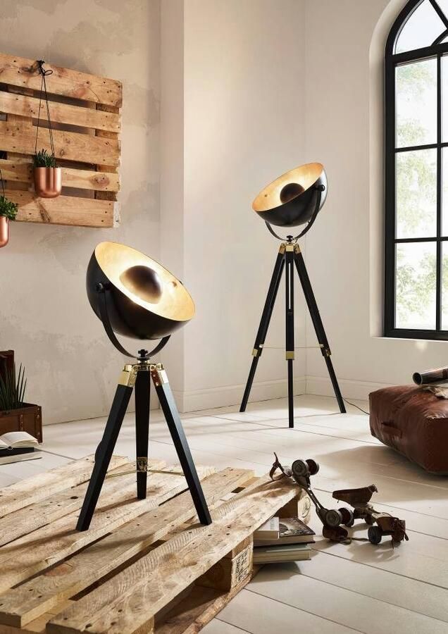 EGLO Staande lamp COVALEDA Stehlampe Holz und Stahl E27 IP20 Industrial Lampe Vloerlamp in zwart goudkleur en messing met schakelaar E27 fitting (1 stuk)