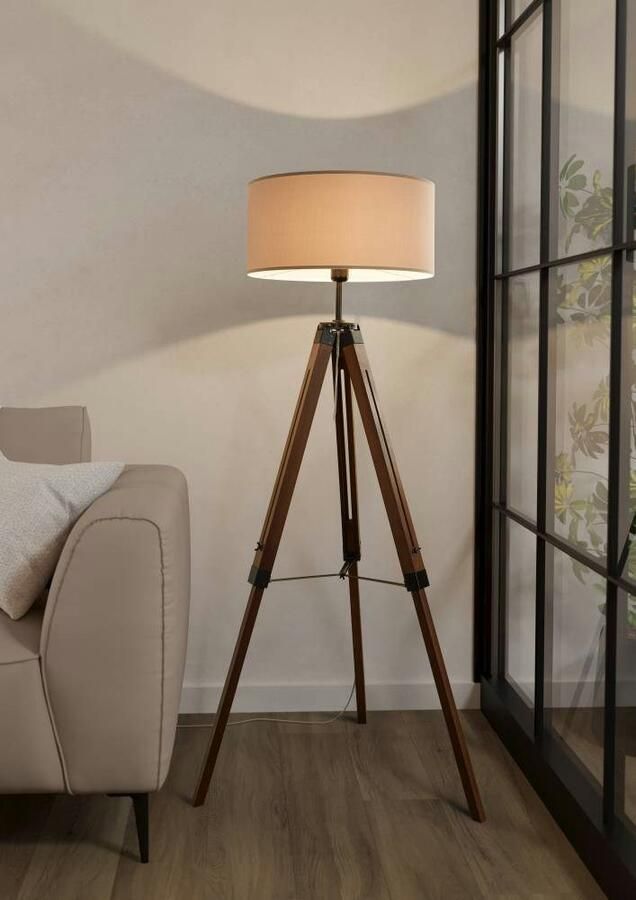 EGLO Staande lamp LANTADA Stehlampe Stahl und Holz E27 IP20 Wohnzimmerlampe Lampe Vloerlamp donkerbruin en taupe met schakelaar FSC gecertificeerd E27 (1 stuk) - Foto 5