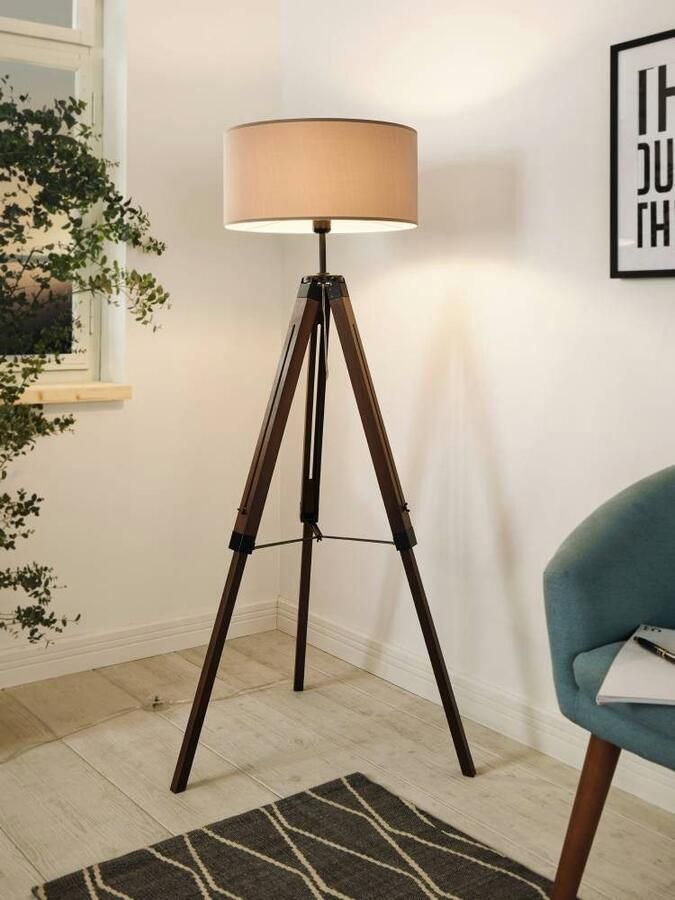EGLO Staande lamp LANTADA Stehlampe Stahl und Holz E27 IP20 Wohnzimmerlampe Lampe Vloerlamp donkerbruin en taupe met schakelaar FSC gecertificeerd E27 (1 stuk) - Foto 2