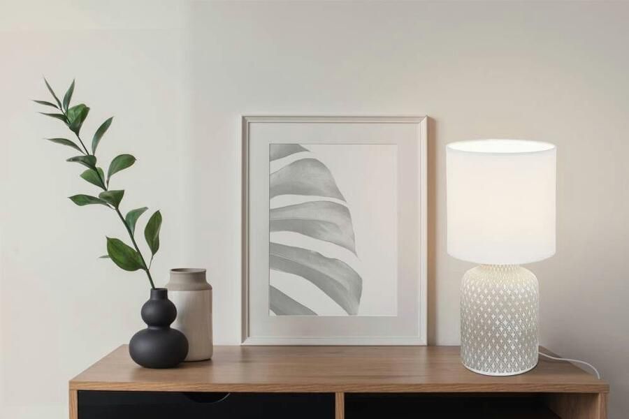 EGLO Tafellamp BELLARIVA Tafellamp van keramiek in grijs textiel in wit met schakelaar E14 (1 stuk) - Foto 3