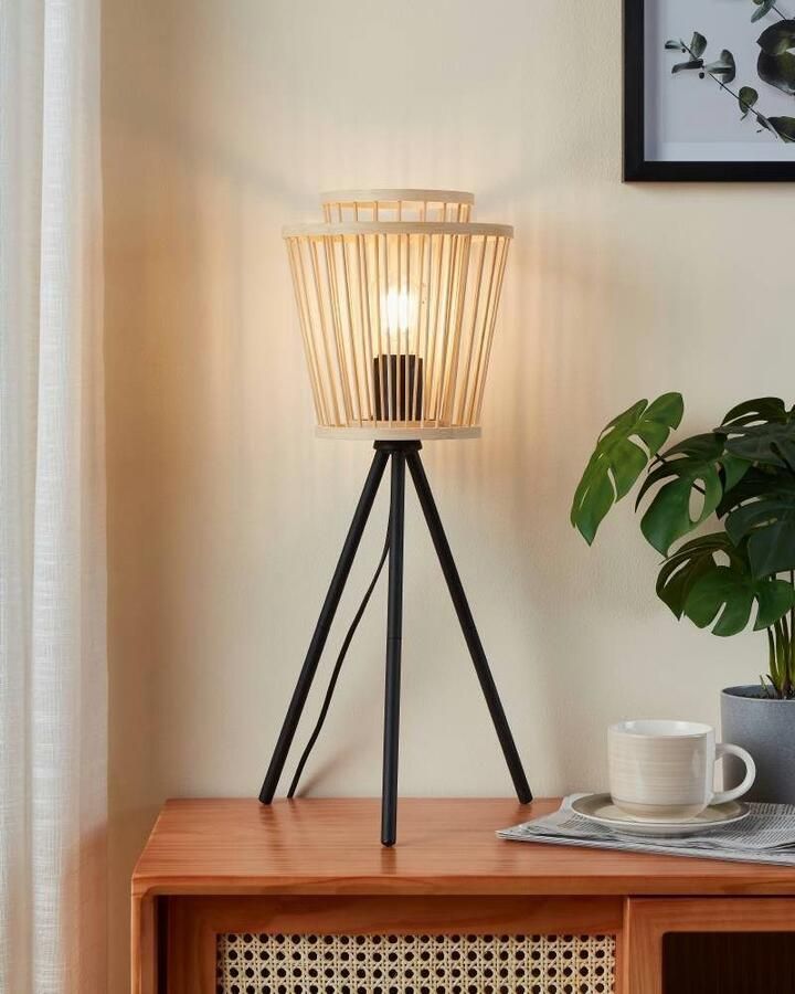 EGLO Tafellamp HYKEHAM Nachtkastlamp van bamboe in natuur en metaal in zwart E27 fitting (1 stuk)