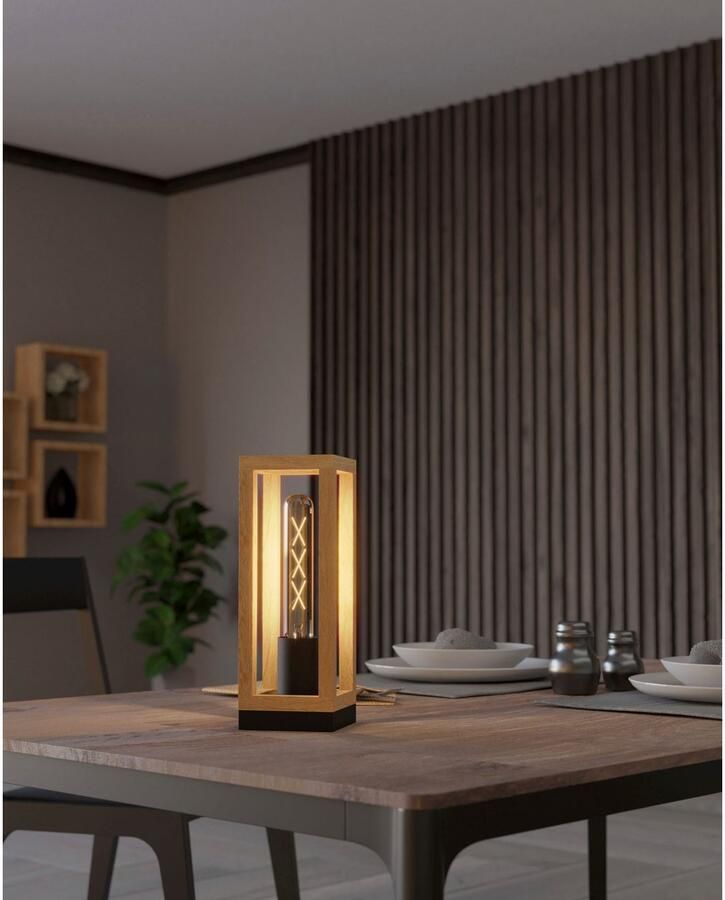 EGLO Tafellamp NAFFERTON Tischlampe Stahl und Holz Vintage Nachttischlampe Lampe Tafellamp in zwart en bruin van staal hout excl. E27 40W (1 stuk) - Foto 2