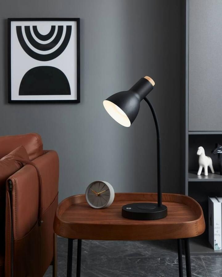 EGLO Tafellamp VERADAL-QI Tischlampe Stahl und Holz Nachttischlampe IP20 Lampe Nachttafellamp met QI-oplaadfunctie touch dimbaar hout en metaal (1 stuk) - Foto 2