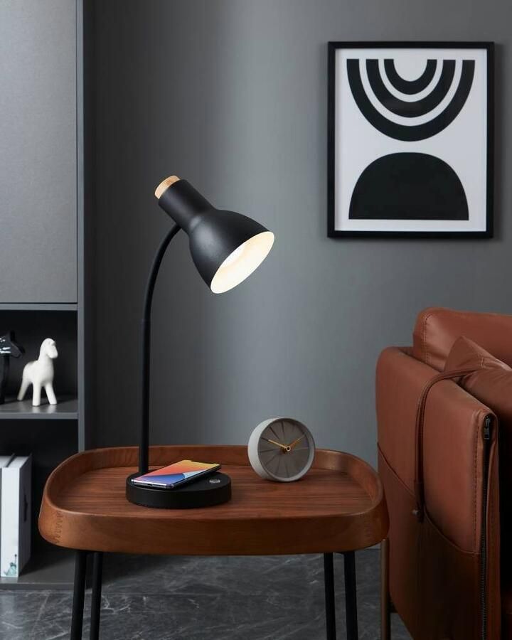 EGLO Tafellamp VERADAL-QI Tischlampe Stahl und Holz Nachttischlampe IP20 Lampe Nachttafellamp met QI-oplaadfunctie touch dimbaar hout en metaal (1 stuk) - Foto 3