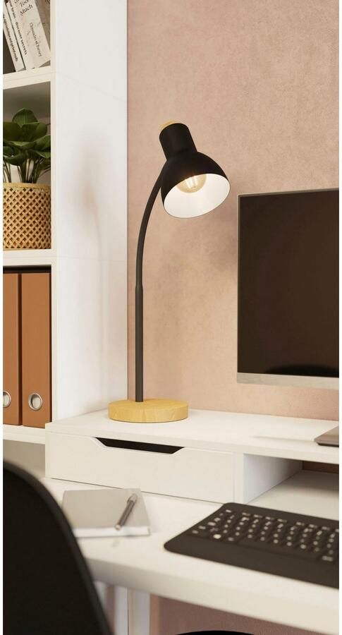 EGLO Tafellamp VERADAL Tischlampe Holz Kunststoff und Stahl E27 IP20 Lampe Tafellamp in zwart en bruin van hout kunststof (1 stuk) - Foto 4