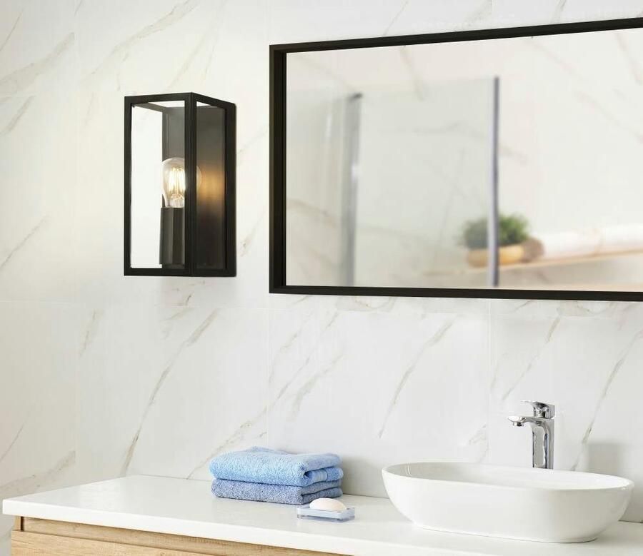 EGLO Wandlamp AMEZOLA Wandlampe Stahl und Glas Lampe E27 IP44 Schlafzimmerlampe Wandlamp industrieel staal glas zwart helder badkamer IP44 (1 stuk) - Foto 1