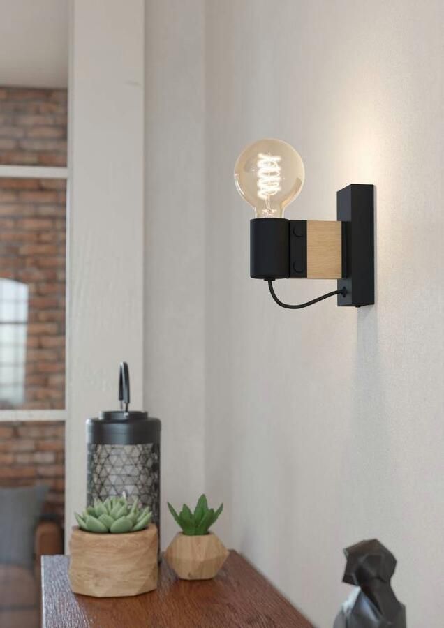 EGLO Wandlamp BAILRIGG Wandlampe Stahl und Holz Wohnzimmerlampe Flurlampe Lampe Wandlamp ganglamp van hout in natuurlijk en metaal in zwart (1 stuk) - Foto 5