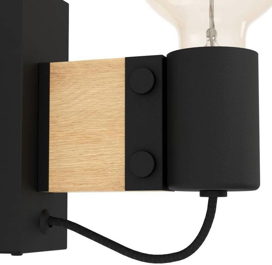 EGLO Wandlamp BAILRIGG Wandlampe Stahl und Holz Wohnzimmerlampe Flurlampe Lampe Wandlamp ganglamp van hout in natuurlijk en metaal in zwart (1 stuk)