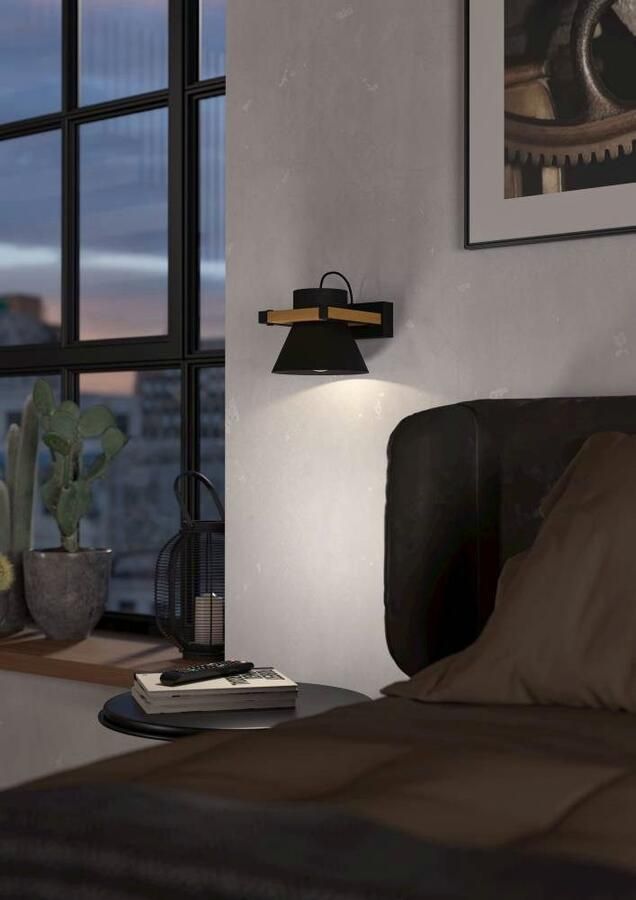 EGLO Wandlamp MACCLES Wandlampe Stahl und Holz Wohnzimmerlampe Flurlampe Lampe Wandlamp ganglamp zwart metaal en hout lamp voor wand en plafond (1 stuk) - Foto 5