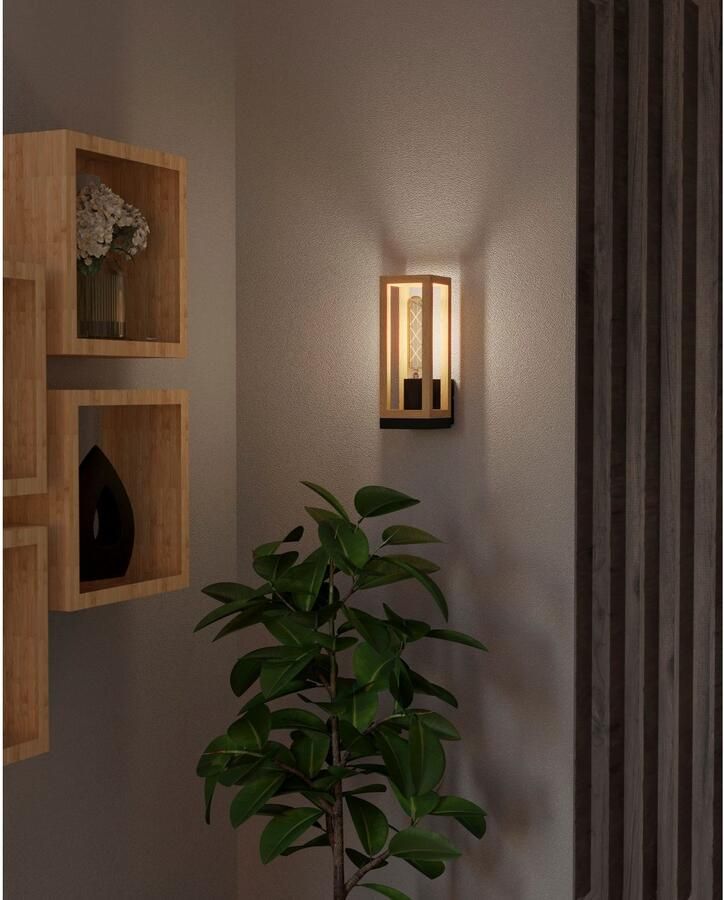EGLO Wandlamp NAFFERTON Wandlampe Vintage Stahl und Holz Wohnzimmerlampe Lampe Plafondlamp in zwart en bruin van staal hout excl. E27 40W (1 stuk) - Foto 3
