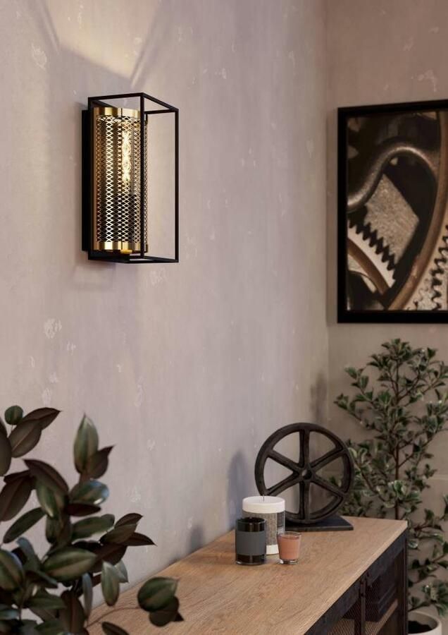 EGLO Wandlamp NOHALES Wandlampe Stahl E27 Vintage Wohnzimmerlampe Flurlampe Wandlamp voor binnen ganglamp industrieel metaal zwart messing (1 stuk) - Foto 5