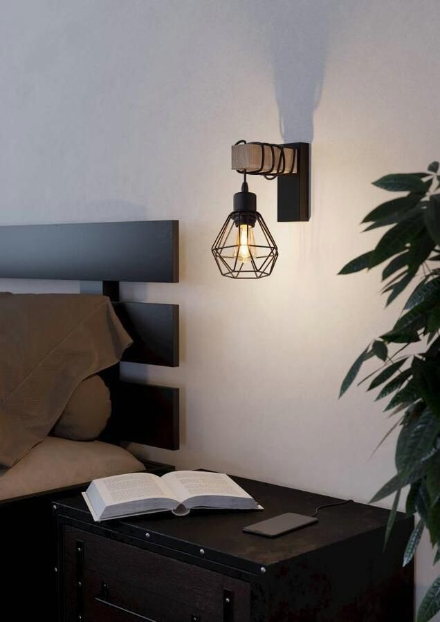 EGLO Wandlamp TOWNSHEND 5 Wandlampe Stahl und Holz E27 IP20 Wohnzimmerlampe Vintage wandlamp zwart bruin fitting E27 FSC gecertificeerd (1 stuk) - Foto 2