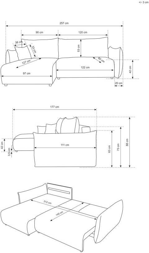 Andas Hoekbank MAVAS Schlafsofa mit Bettkasten L-Form ca. 257 127 cm (ligoppervlak 212 145 cm) ribfluweel chenille structuur - Foto 7