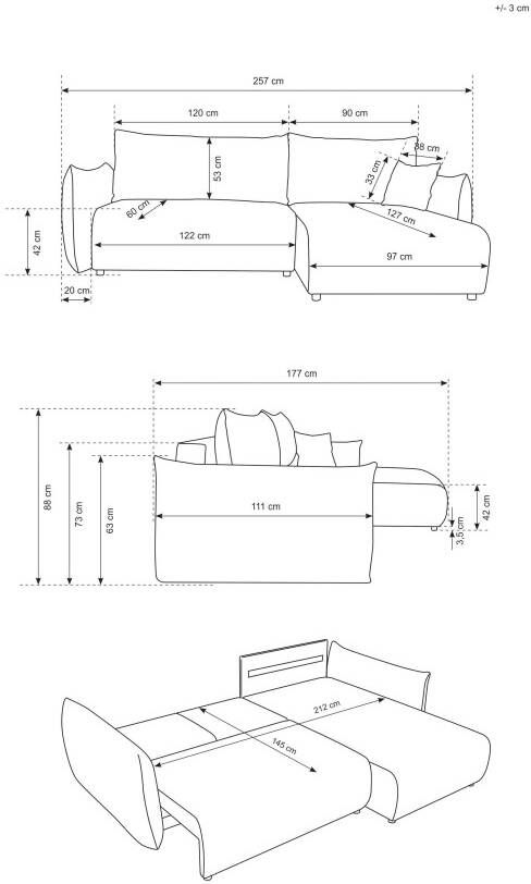 Andas Hoekbank MAVAS Schlafsofa mit Bettkasten L-Form ca. 257 127 cm (ligoppervlak 212 145 cm) ribfluweel chenille structuur - Foto 6