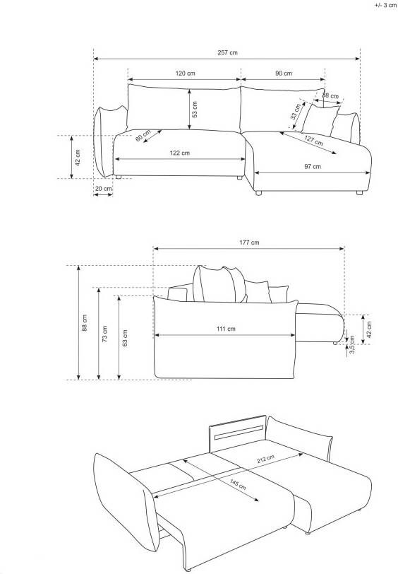 Andas Hoekbank MAVAS Schlafsofa mit Bettkasten L-Form ca. 257 127 cm (ligoppervlak 212 145 cm) ribfluweel chenille structuur - Foto 8