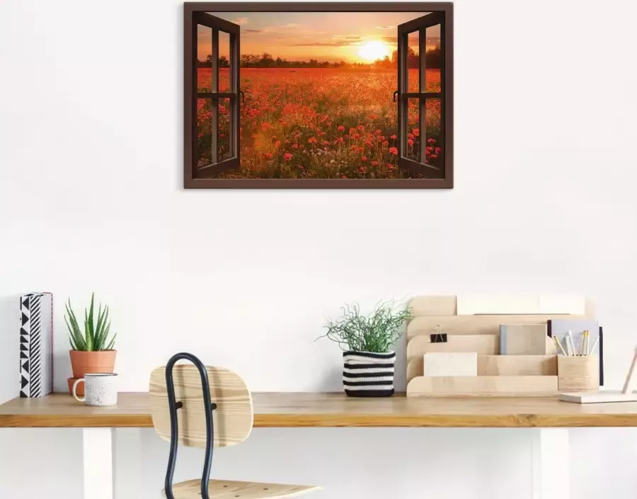 Artland Artprint Blik uit het venster klaprozenveld als artprint op linnen poster muursticker in verschillende maten - Foto 3