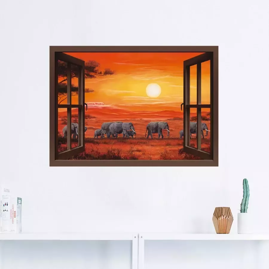 Artland Artprint Blik uit het venster olifantenkudde als artprint op linnen poster muursticker in verschillende maten - Foto 1