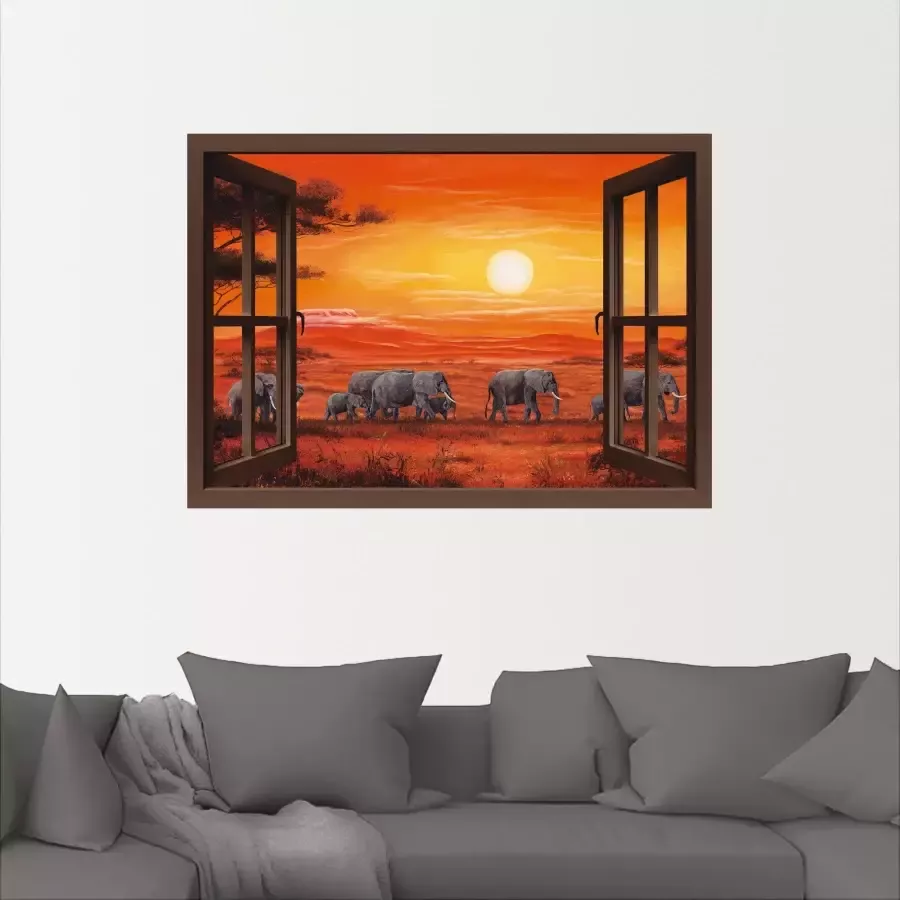 Artland Artprint Blik uit het venster olifantenkudde als artprint op linnen poster muursticker in verschillende maten - Foto 2
