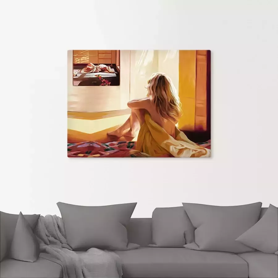 Artland Artprint Blond meisje zit op het bed als artprint van aluminium artprint voor buiten artprint op linnen in verschillende maten