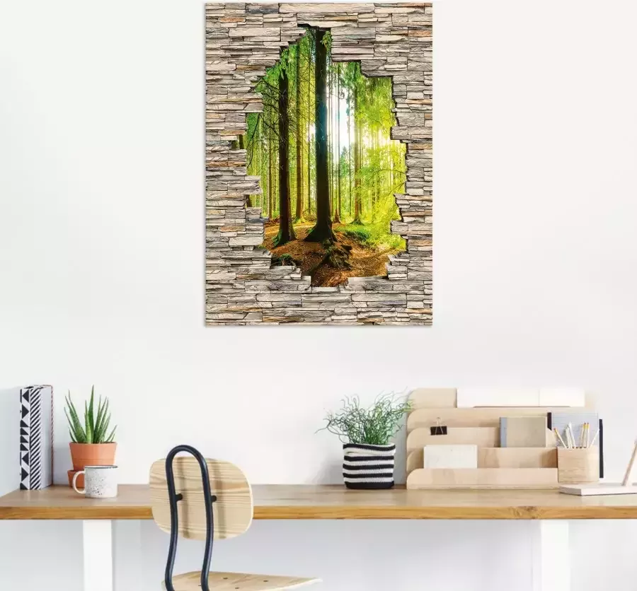 Artland Aluminium dibond print Bos met stenen muur met uitzicht op de kreek geschikt voor binnen en buiten buitenafbeelding - Foto 5