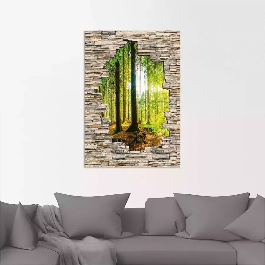 Artland Aluminium dibond print Bos met stenen muur met uitzicht op de kreek geschikt voor binnen en buiten buitenafbeelding
