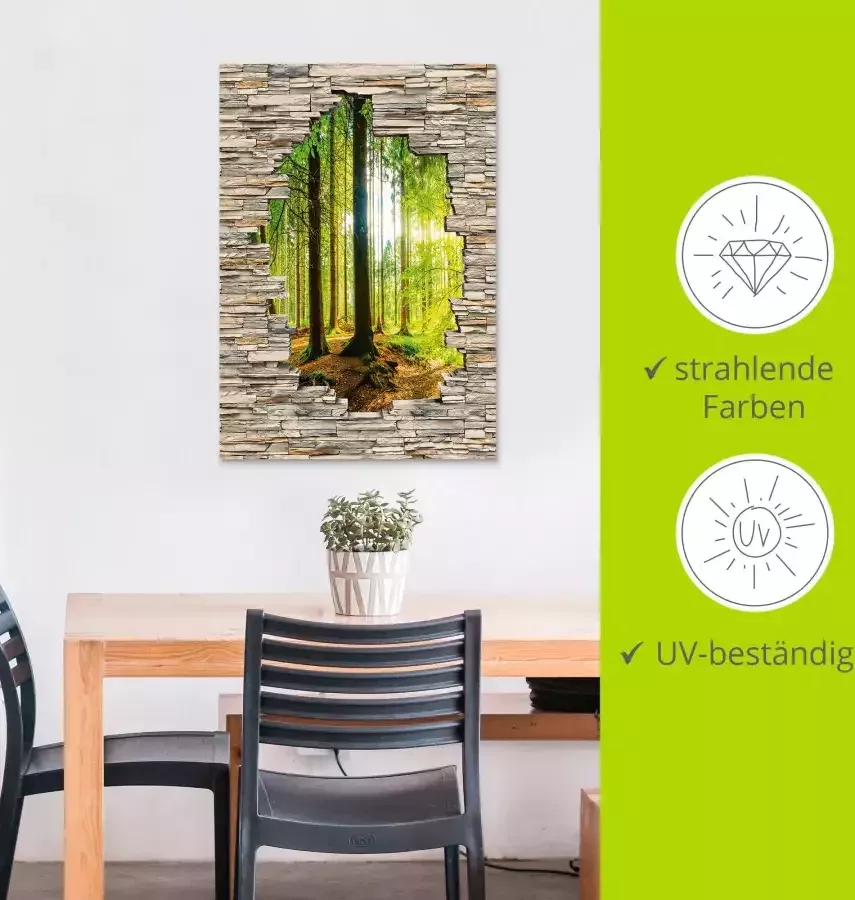 Artland Aluminium dibond print Bos met stenen muur met uitzicht op de kreek geschikt voor binnen en buiten buitenafbeelding - Foto 3